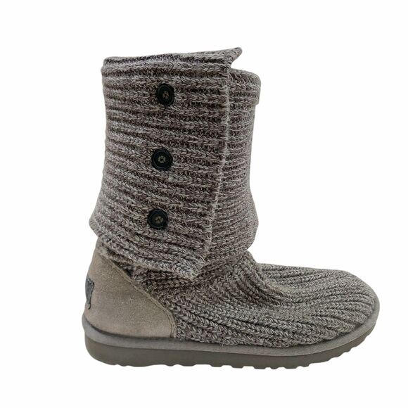 UGG Cardi Ribbed Knit Boots Womens 8 Gray Button Sheepskin Lining Tall Short - Picture 6 of 13